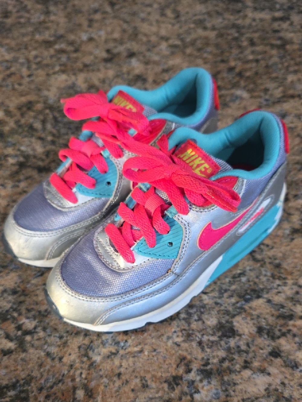 Nike Kids Silver Sneakers with Bright Pink & Teal Size 13Y